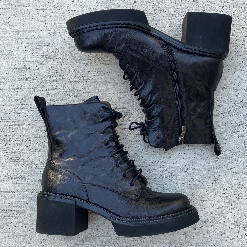 TinaCus Handmade Genuine Black Leather Lace-Up Ankle Boots Platform Combat Boots